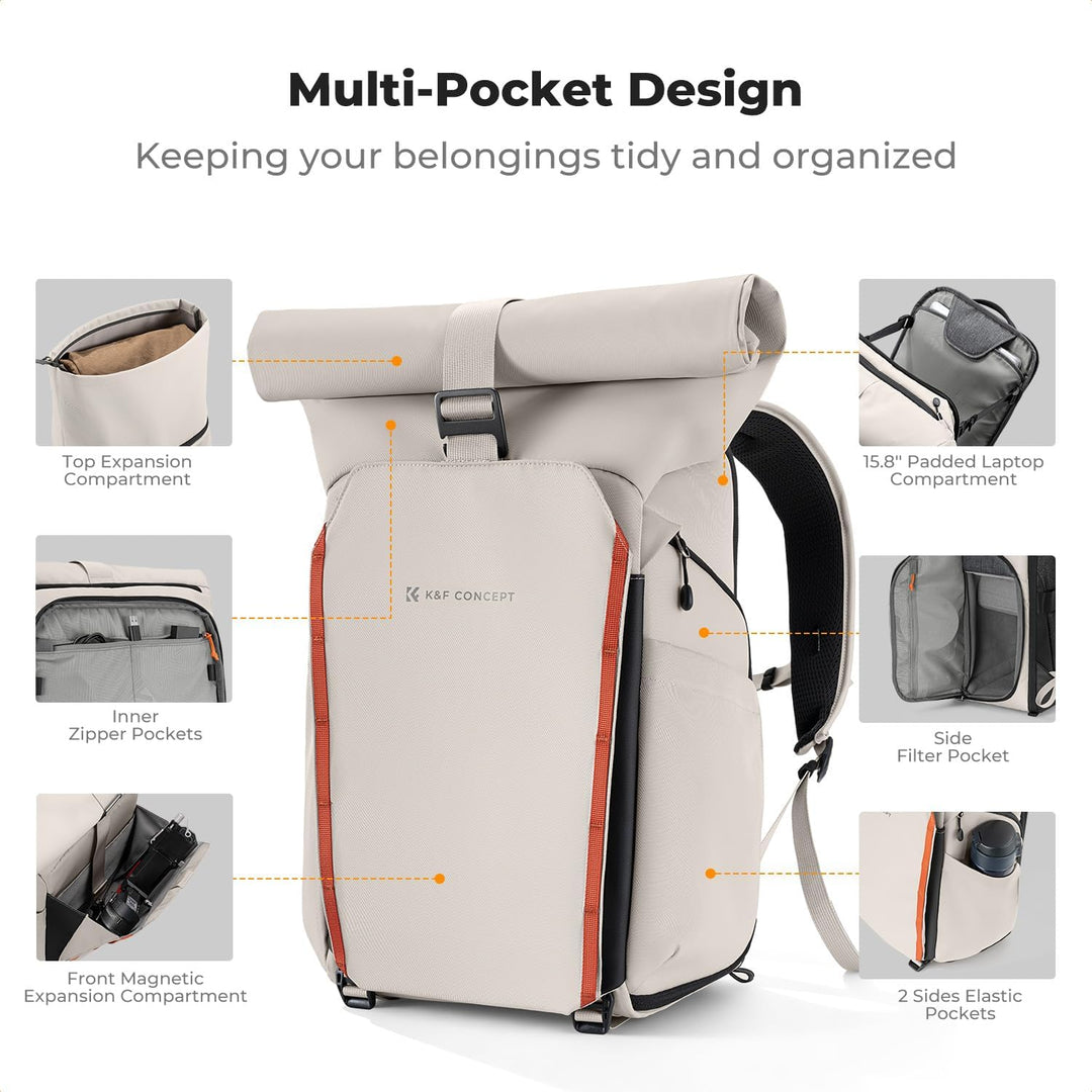 K&amp;F CONCEPT Kamerarucksack mit Rolltop-Erweiterung | grosser Fotorucksack mit vollständiger Rückseit