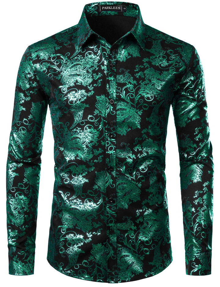 PARKLEES Herren Luxus Paisley Gemustert Golden Glänzend Slim Fit Freizeithemd XL Schwarz Dunkel Grün