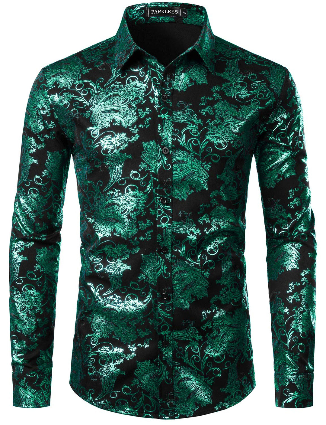 PARKLEES Herren Luxus Paisley Gemustert Golden Glänzend Slim Fit Freizeithemd M Schwarz Dunkel Grün,