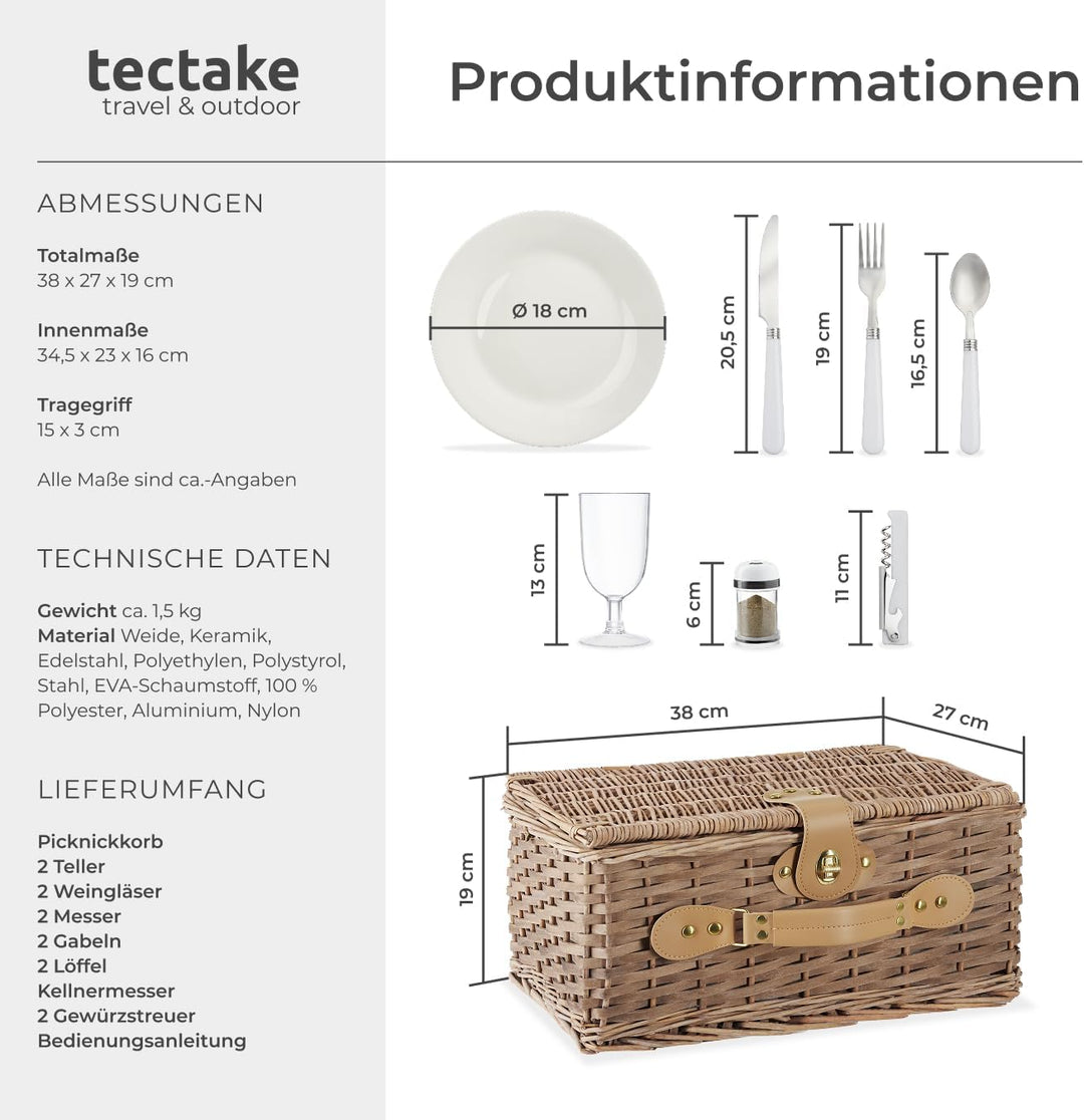 tectake® Picknickkorb 2 Personen, inkl. Kühlfach, befüllter Picnic Basket Weidenkorb für Ausflug, Ca