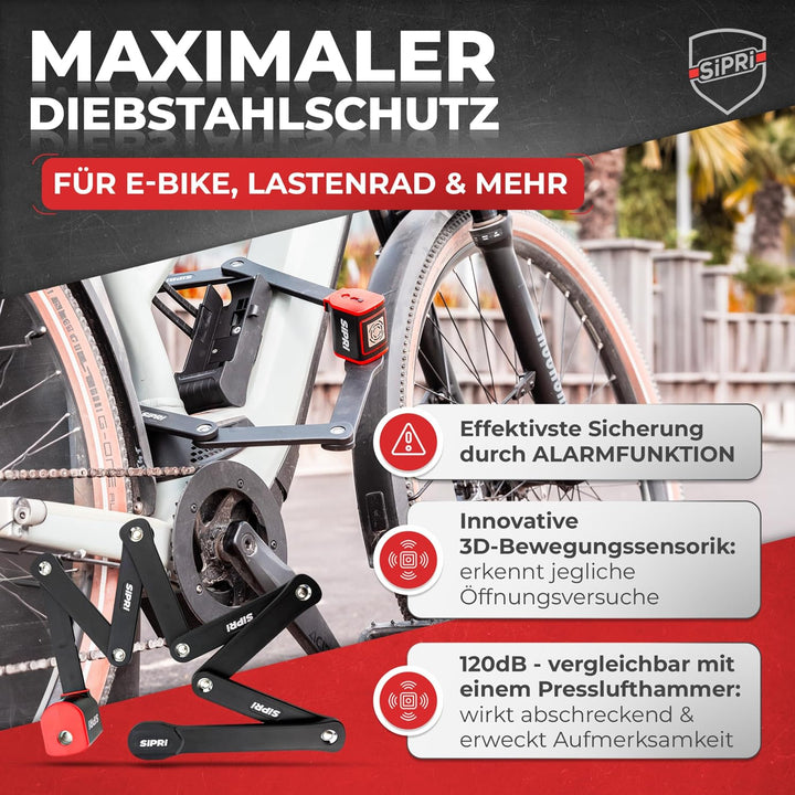 SIPRI® Faltschloss Fahrradschloss mit Alarm 120 dB | Faltbares Fahrradschloss hohe Sicherheit für E-