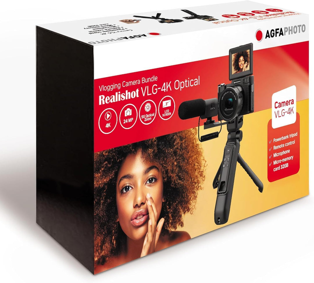 AGFA PHOTO – All-in-one-Vlogging-Set: Kamera VLG-4K Optical, Powerbank-Stativ, Fernbedienung, Mikrof