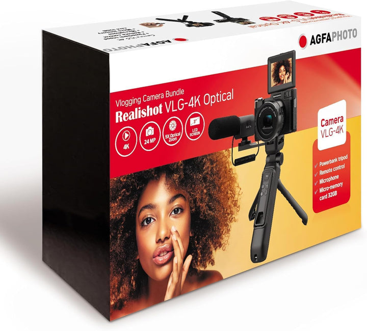 AGFA PHOTO – All-in-one-Vlogging-Set: Kamera VLG-4K Optical, Powerbank-Stativ, Fernbedienung, Mikrof