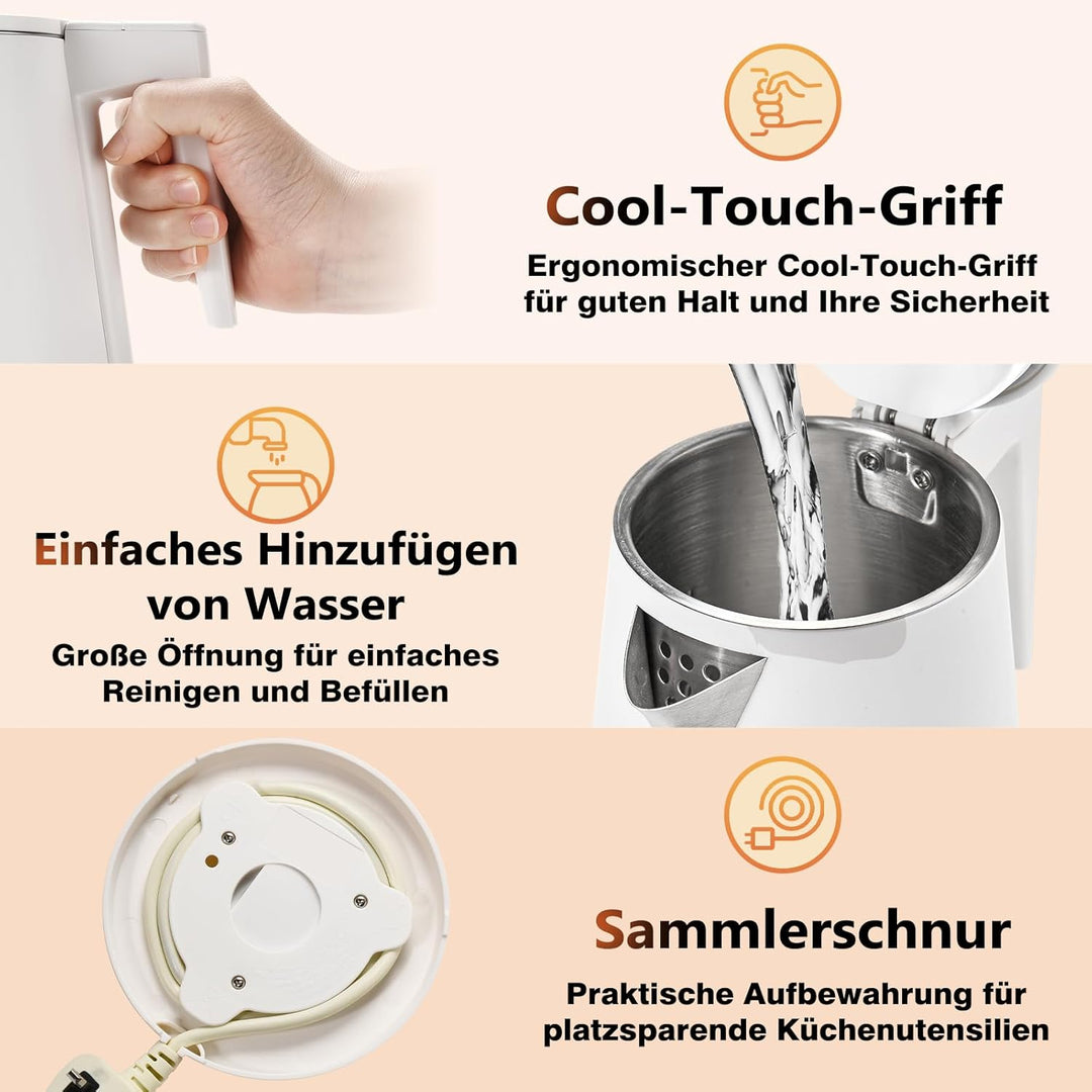 1,2L Kabelloser Edelstahl Wasserkocher – BPA-frei, 1000W Schnellkochender Teekocher, Metall Design,