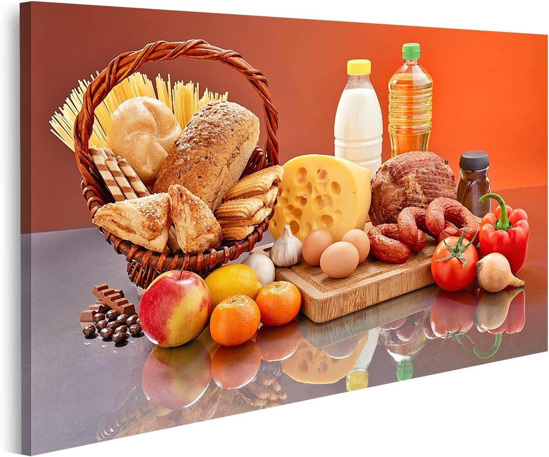 islandburner Bild auf Leinwand Variation Von Lebensmitteln Mit Schneidebrett Und Korb Bilder Wandbil