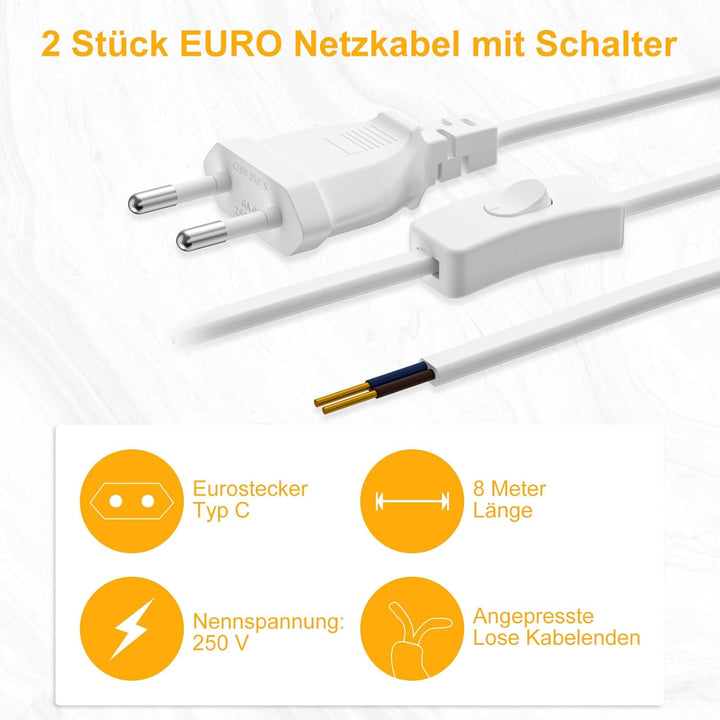 Euro Netzkabel mit Schalter [2 Stück], 8 Meter Euro Stecker Stromkabel, 2 X Ersatzkabel Anschlusskab