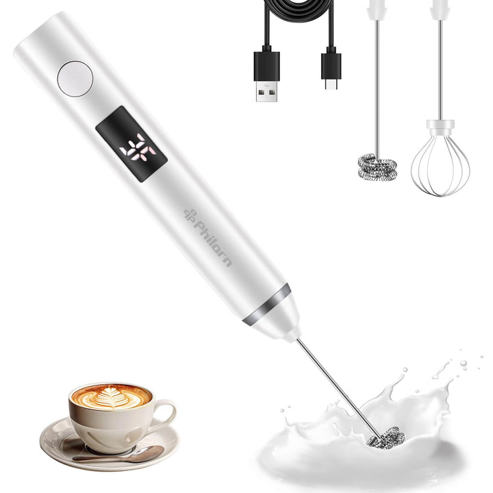 Philorn Elektrischer Milchaufschäumer Stab USB-C aufladbar mit LCD-Batterieanzeige -2 Aufsätzen, 3 S