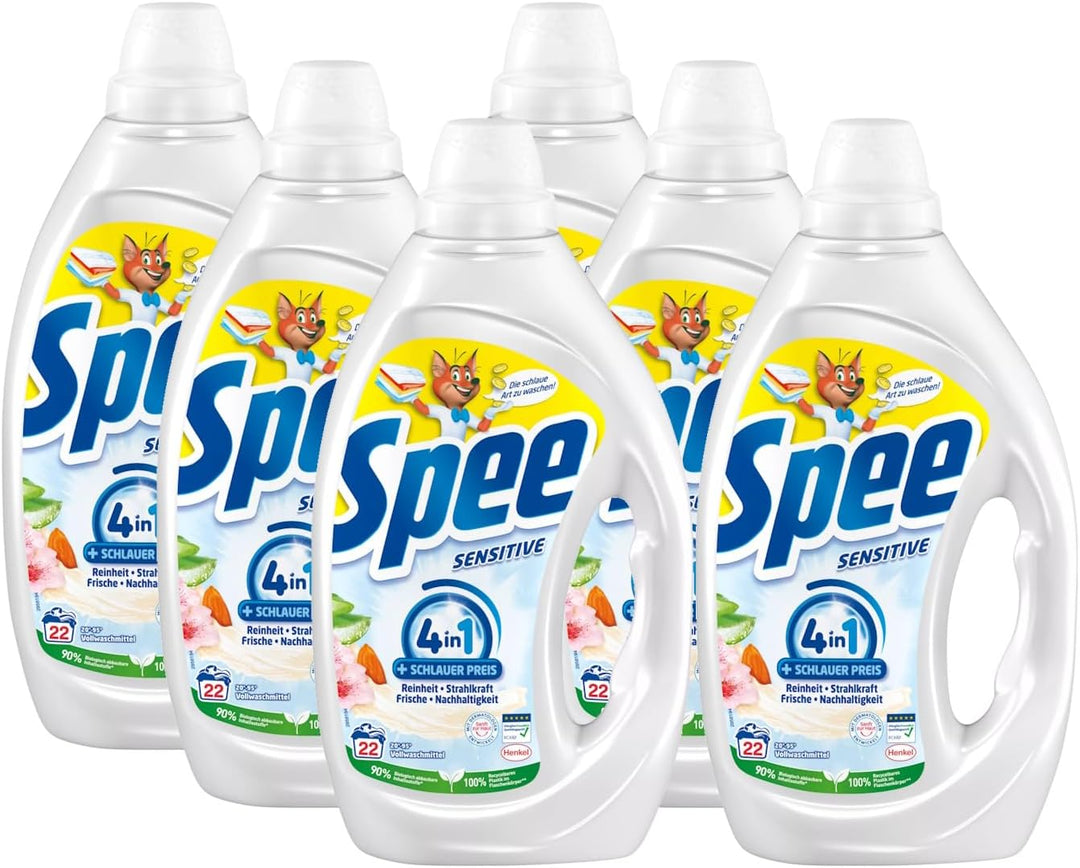 Spee Sensitive Waschmittel 4 + 1 (6 x 22 Waschladungen), Vollwaschmittel mit 4 + 1 Formel vereint Re