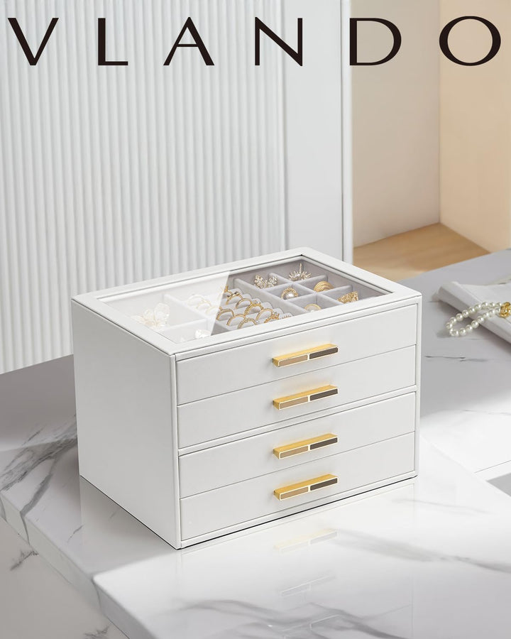 VLANDO Schmuckkästchen Gross, Schmuckkasten mit 4 Ebenen, Schmuck Organizer mit Glasdeckel, 4 Schubl