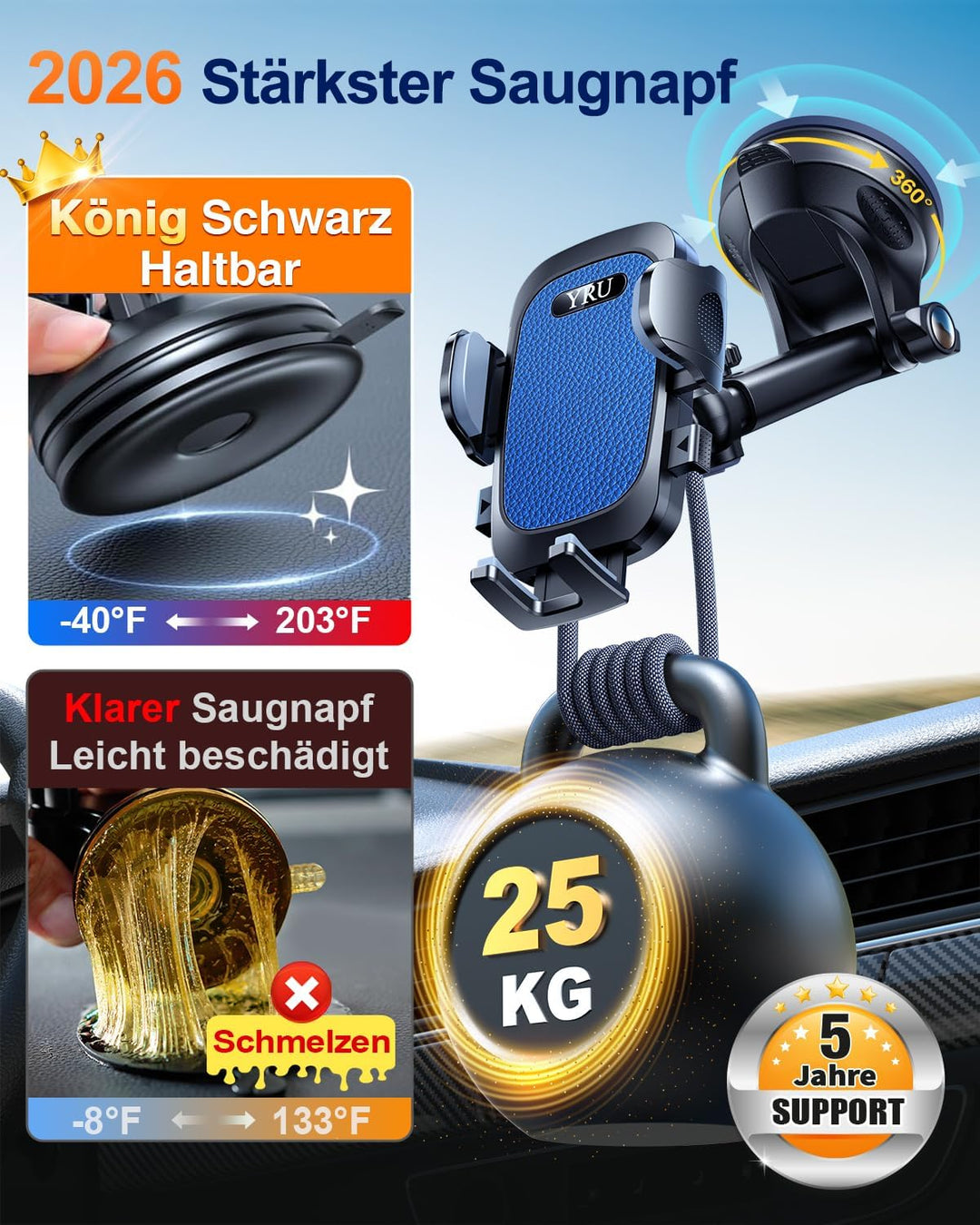 YRU [2026 Militär-Klasse] Handyhalterung Auto Handy Halterung Auto [Stärkst Saugnapf & Clip] Univers
