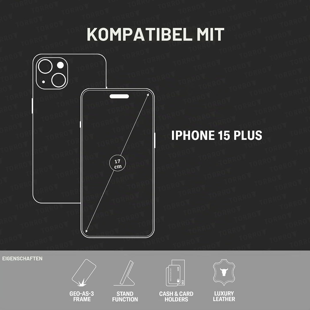 TORRO Hülle kompatibel mit iPhone 15 Plus – Premium Lederhülle mit Standfunktion und Kartenfächern -