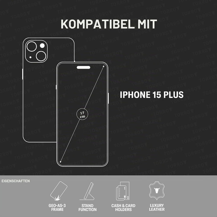 TORRO Hülle kompatibel mit iPhone 15 Plus – Premium Lederhülle mit Standfunktion und Kartenfächern -