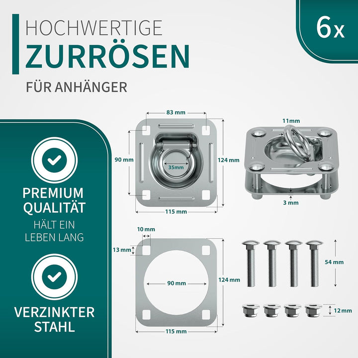 TRAILERKRAFT® Anhänger Zurrösen mit Gegenplatten inkl. Schrauben [6er Set] Robuste Zurrmulden | Zugk