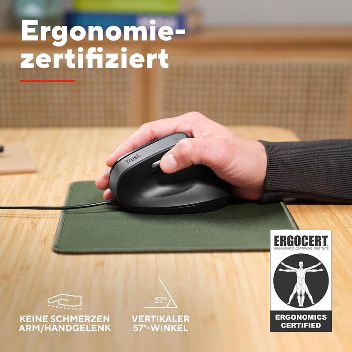 Trust Yuno Vertikale Maus, Ergonomische Maus für Rechtshänder, Vorbeugung Gegen Mausarm/Tennisarm (R