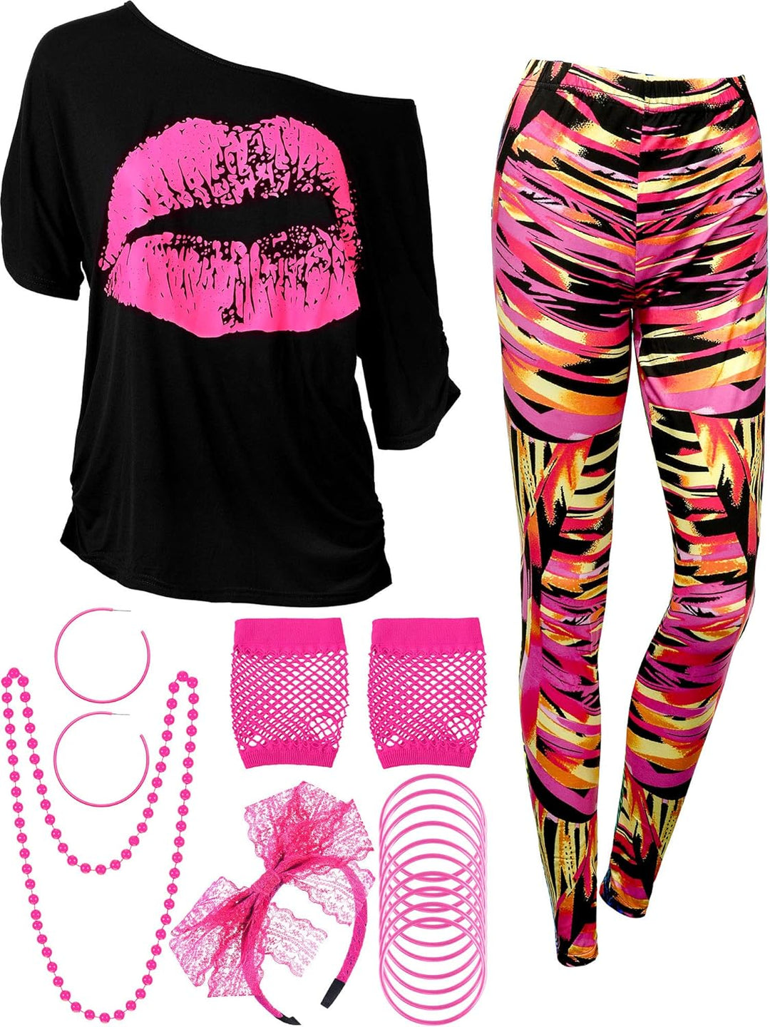 Blulu 80er Jahre Damen Kostüm Set, T Shirt, Legging Hose Ohrring Halskette Handschuhe Armband(Kurz Ä