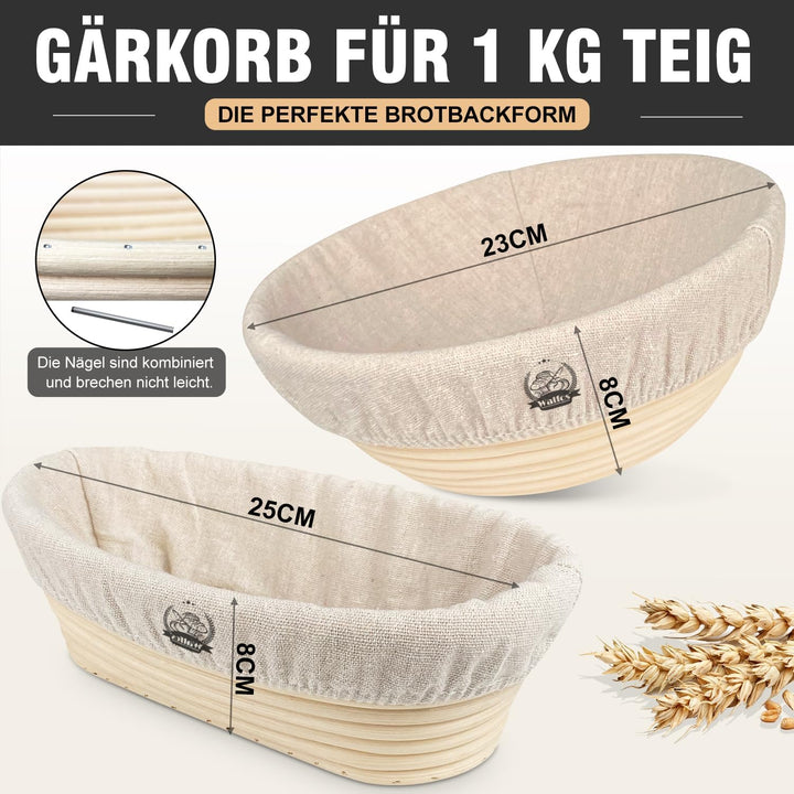 Walfos® Gärkorb zum Brotbacken 2er- Set, Gärkörbchen-Set (Runde 23cm+Oval 25cm), 100% Natürlichem Ra