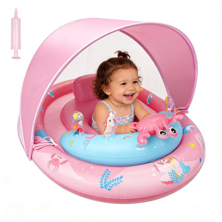 Baby-Schwimmring mit Sonnendach UPF 50+ Sonnenschutz, verstellbarer Sicherheitsgurt & Spielzeug, Auf