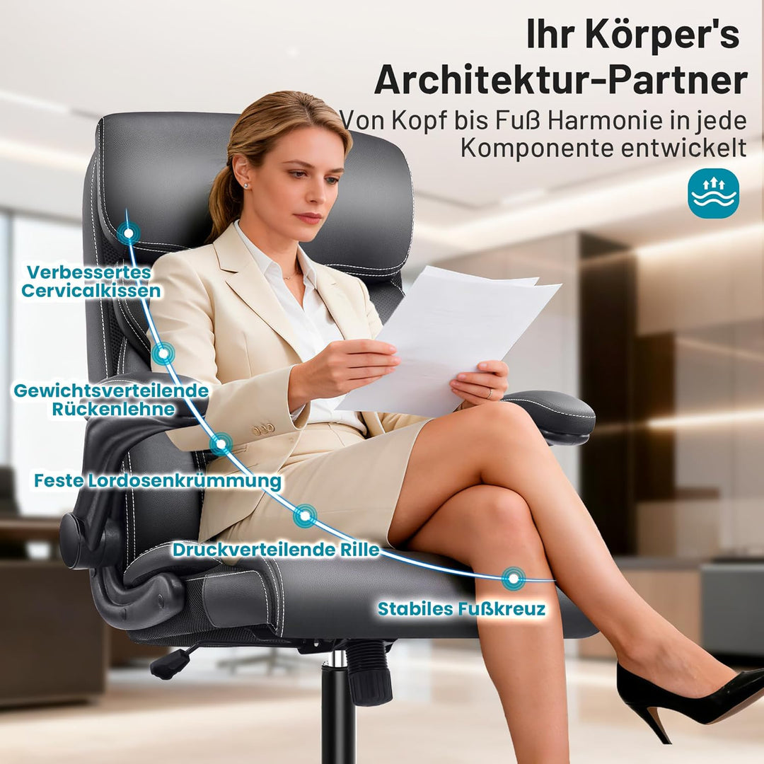 Chefsessel aus PU-Kunstleder, Bürostuhl Ergonomisch mit Verstellbaren Armlehnen und Hoher Rückenlehn