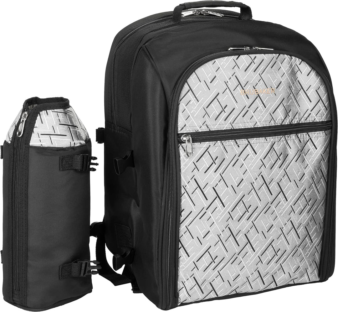 BRUBAKER Picknickrucksack für 4 Personen Schwarz Silber 27 × 38,5 × 21 cm - inkl. Kühlfach + Iso-Fla