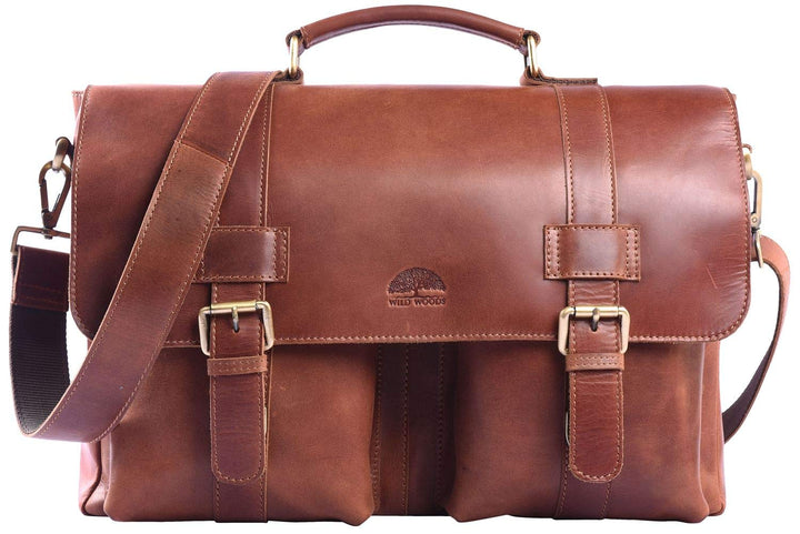 WILD WOODS | XL Aktentasche aus Echtleder | 15,6 Zoll Laptopfach | Ledertasche zum Umhängen mit vers