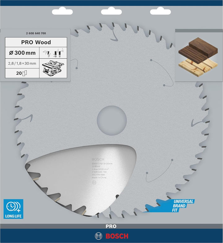 Bosch 1x PRO Wood Longlife Kreissägeblatt für Netz-Tischkreissägen (für Weichholz, Hartholz, Ø mm, P
