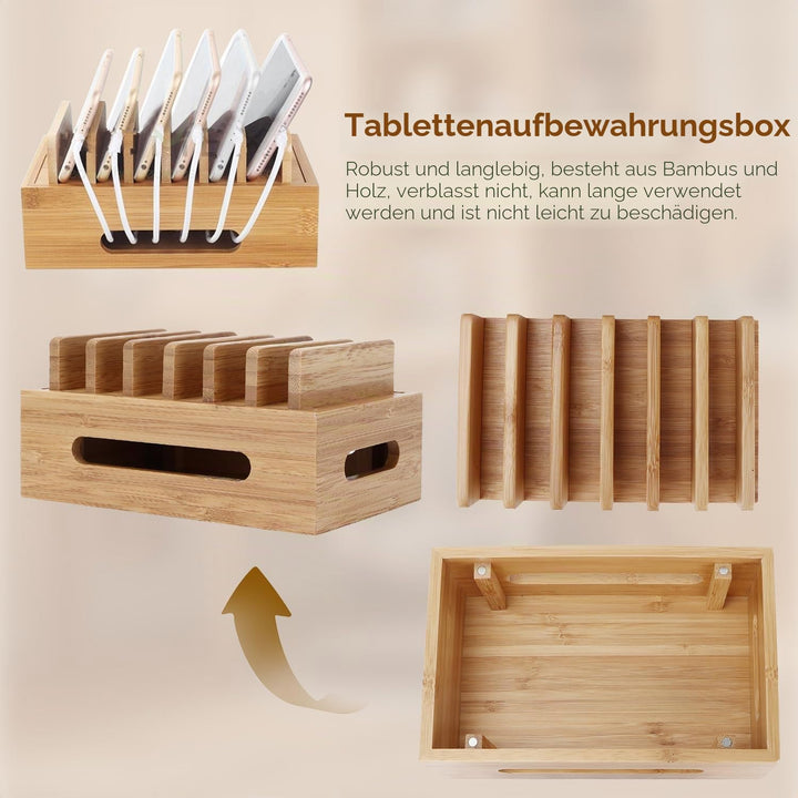 Holz Ladestation für Mehrere Geräte, 6 Fächer Desktop Handy Docking Holder USB Multi Charger Organiz