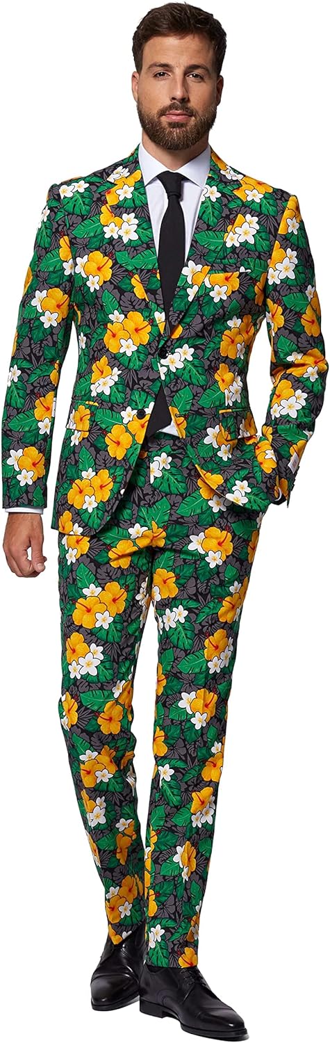 OppoSuits Herrenanzug - Sommer-Outfit mit tropischen Blumen - schmale Passform - Grün und gelb - Ink
