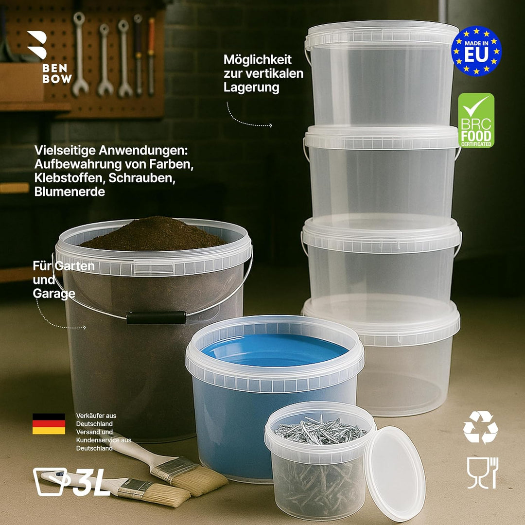 BenBow Eimer mit Deckel 3l transparent 10x 3 Liter - lebensmittelecht, stabil, luftdicht - Plastikei