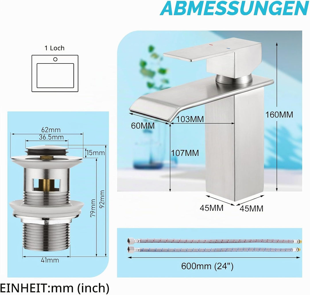 CREA Wasserhahn Bad Wasserfall, Waschtischarmatur mit Ablaufgarnitur, Mischbatterie Bad mit Wasserfa
