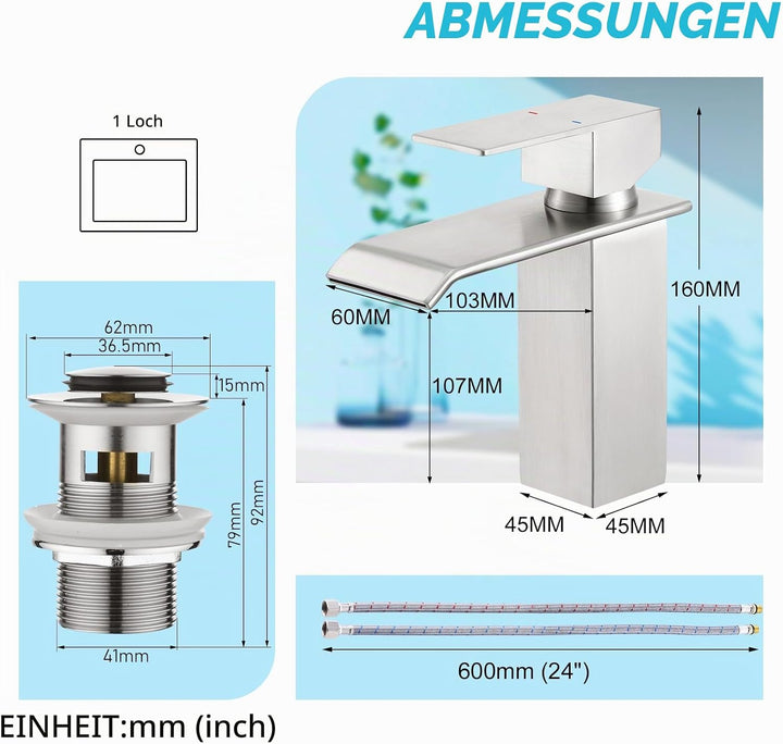 CREA Wasserhahn Bad Wasserfall, Waschtischarmatur mit Ablaufgarnitur, Mischbatterie Bad mit Wasserfa