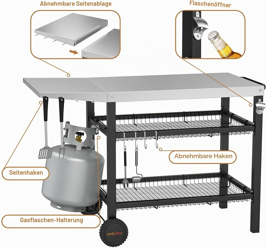 Onlyfire Grillwagen | Edelstahl Grilltisch mit grosser Arbeitsfläche und Beistelltisch, Grill Beiste