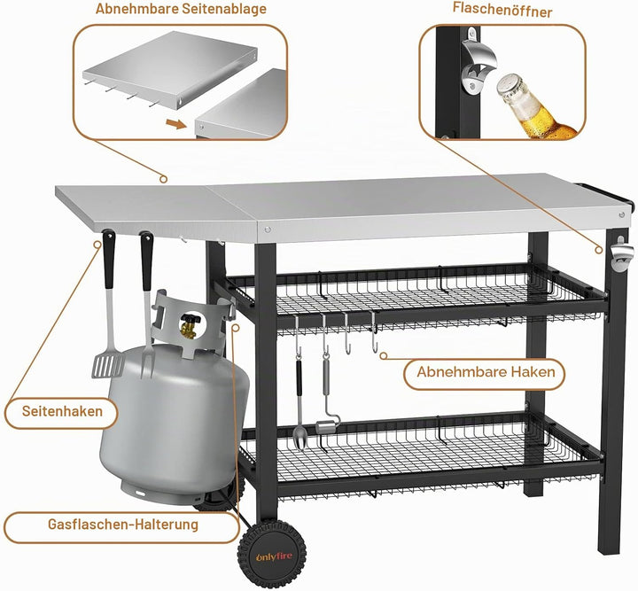Onlyfire Grillwagen | Edelstahl Grilltisch mit grosser Arbeitsfläche und Beistelltisch, Grill Beiste