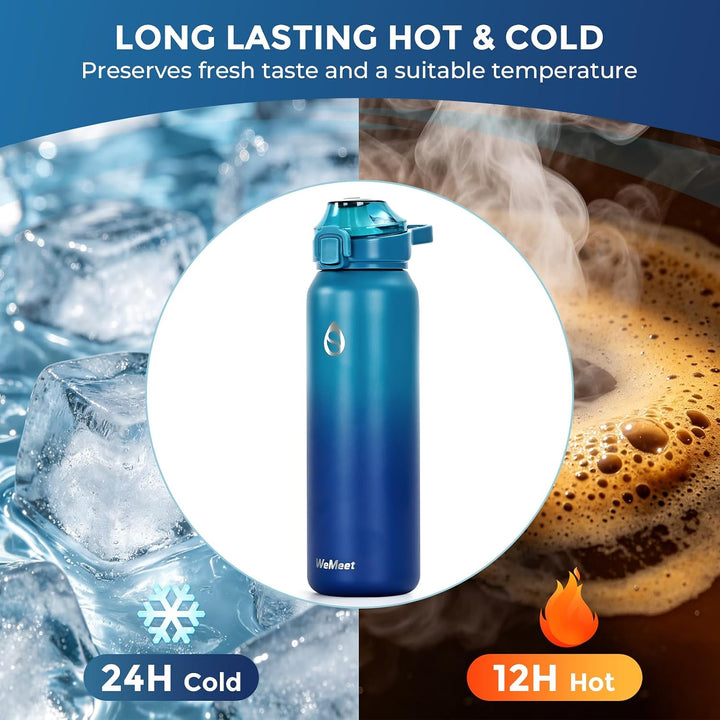 WEMEET 1000ml Thermosflasche Edelstahl, Auslaufsicher Isolierte flasche mit Strohhalm &amp; 2 Deckel, id