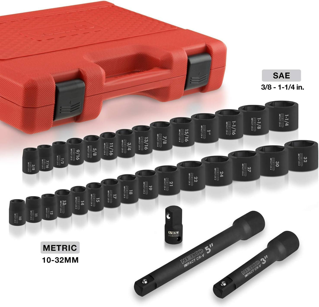 Neiko 02447A 1/2-Inch Drive Shallow Impact Socket Set with Extension Bars, 32-Piece | SAE (3/8" to 1