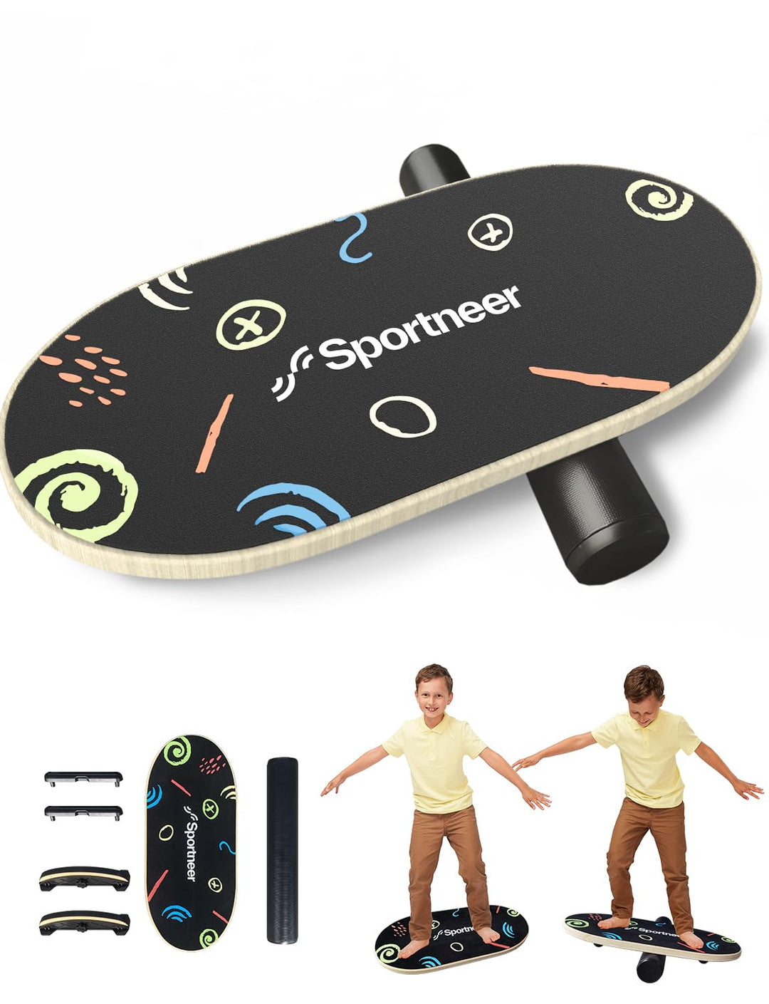 Sportneer Balance Board - Wobble Board mit verstellbaren Stoppern und Rollen - Balancier-Trainer zur