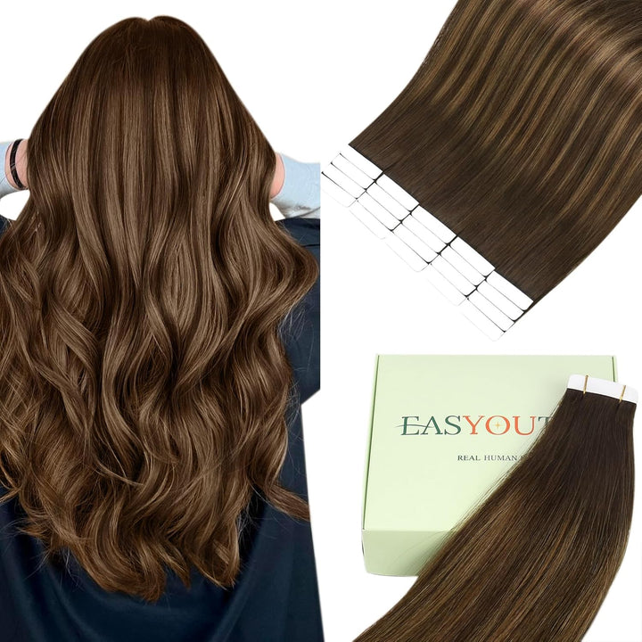 Easyouth Tape on Extensions Echthaar Glue in Haar Extensions Echthaar Farbe Dunkelstes Braun Aschbra