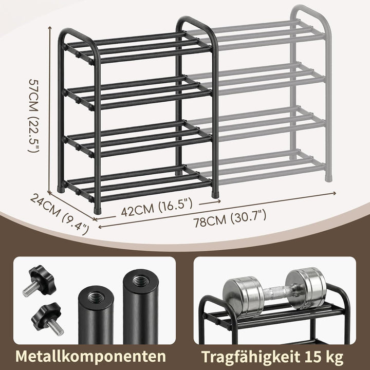 Schuhregal gross schmal ausziehbar 4 Ebenen, Schuhschrank hoch schwarz Metall, Breite 43-78 cm, für