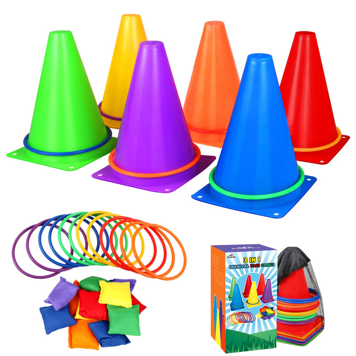 31 Stück Outdoor Spiele für Kinder, 3 in 1 Wurfspiel Kinder Outdoor Cornhole Säckchen Bean Bag Pylon