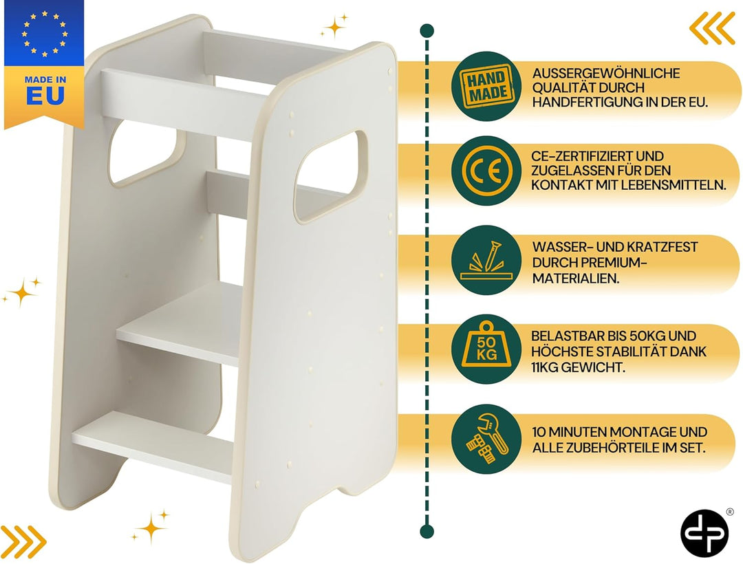 Lernturm ab 1 Jahr - 3 Stufen Höhenverstellbar, Sicher & Stabil - Learning Tower mit Kippschutz - Le