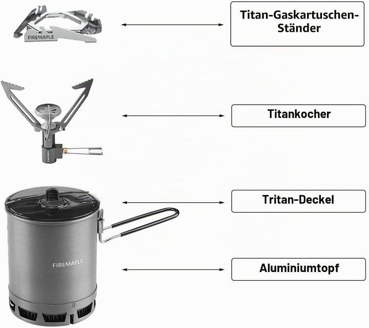 Fire-Maple G3 Camping-Küchenset Ultraleicht mit Aluminium-Topf, Titan-Kocher, Gabel und Löffel aus T