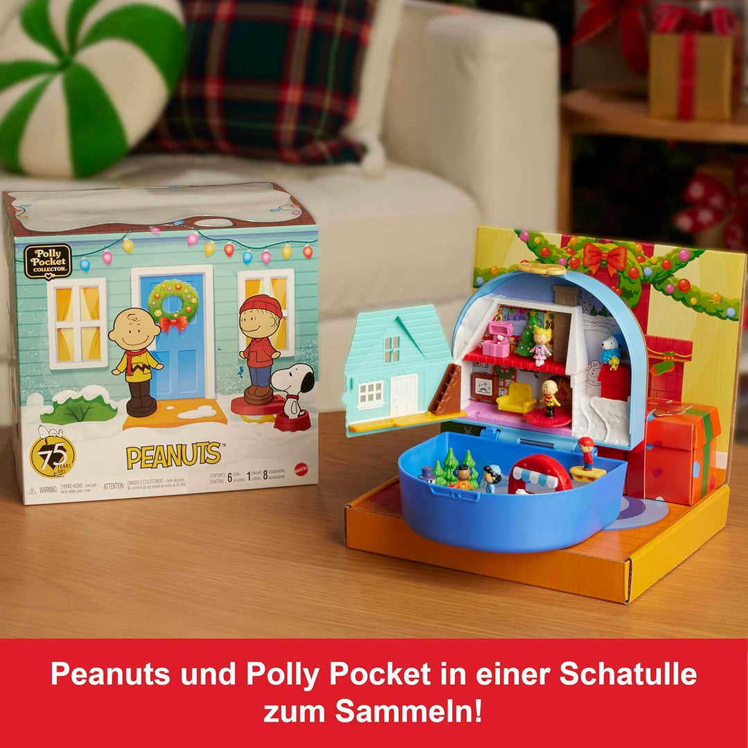 Polly Pocket x Peanuts Sammler-Schatulle, Minipuppen und Spielset, 7 thematische Zubehörteile, 4 sym