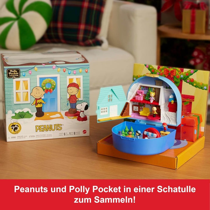 Polly Pocket x Peanuts Sammler-Schatulle, Minipuppen und Spielset, 7 thematische Zubehörteile, 4 sym
