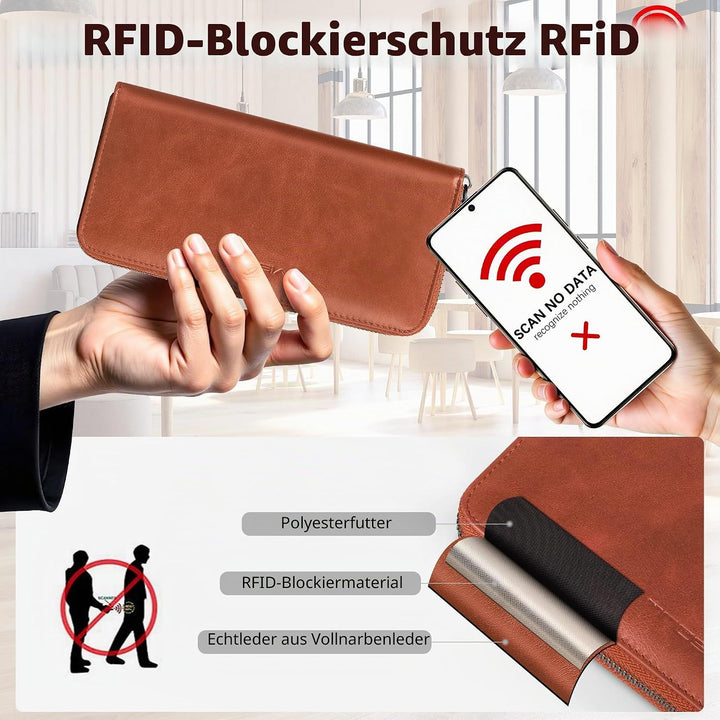 VISOUL Premium Brieftasche Echtleder/Italienisches Leder mit RFID-Schutz, XXL Geldbörse Braun L02, B