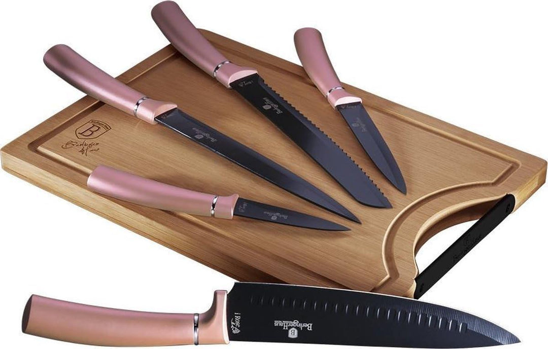 Berlinger Haus BerlingerHaus I-Rose 5er Set Profi Küchenmesser, Bambus Schneidebrett, Kochmesser Bro