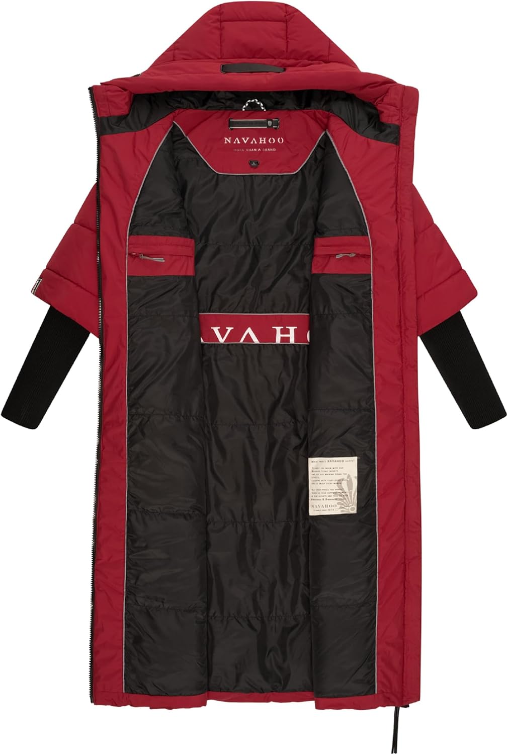 Navahoo Damen Wintermantel Warmer Steppmantel lang mit Kapuze und Rippstrickärmeln Ciao MIAU XIV XS-