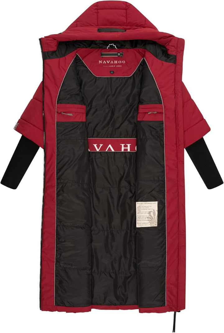Navahoo Damen Wintermantel Warmer Steppmantel lang mit Kapuze und Rippstrickärmeln Ciao MIAU XIV XS-