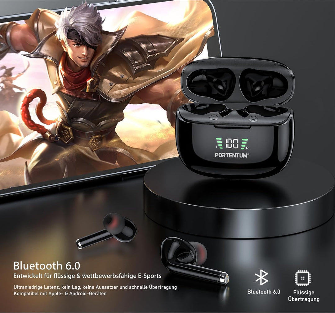 PORTENTUM Kopfhörer kabellos bluetooth 6.0 – HYBRID ANC + ENC Geräuschunterdrückung – Akkulaufzeit 6