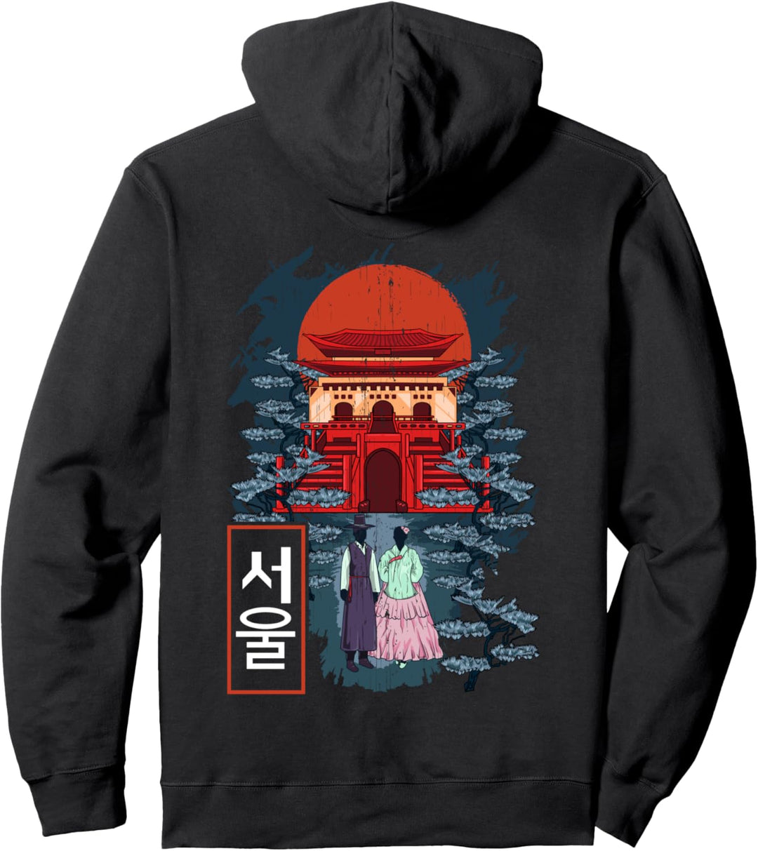 Seoul Korea in Hangul mit koreanischem Tempel und Menschen Pullover Hoodie
