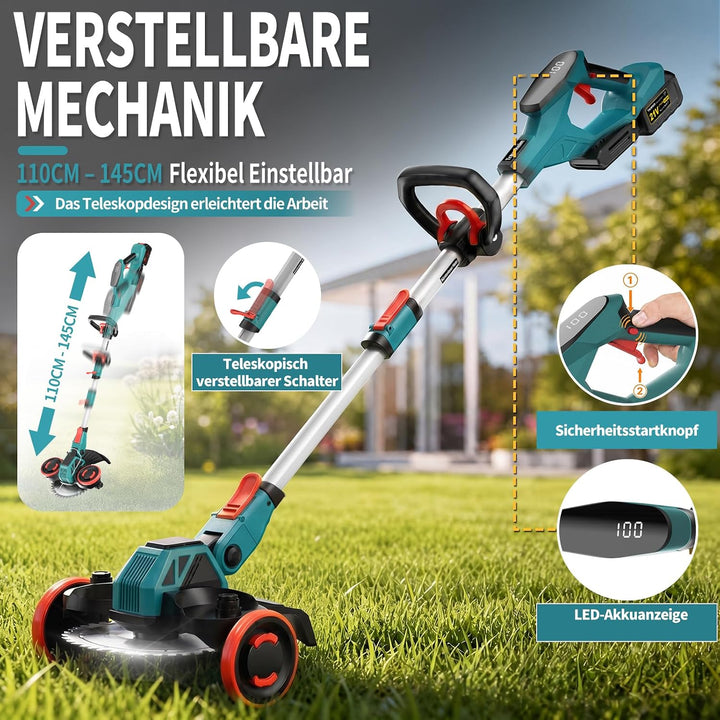 Rasentrimmer mit Akku, 5-IN-1 Rasentrimmer mit Unkrautbürste/Rädern, 21V/2 * 4.0Ah Akku Rasentrimmer
