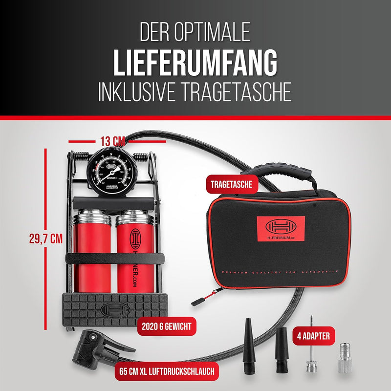 HEYNER® 22500N Fussluftpumpe Doppelzylinder 2 Zylinder mit Manometer bis 10 bar + Tasche